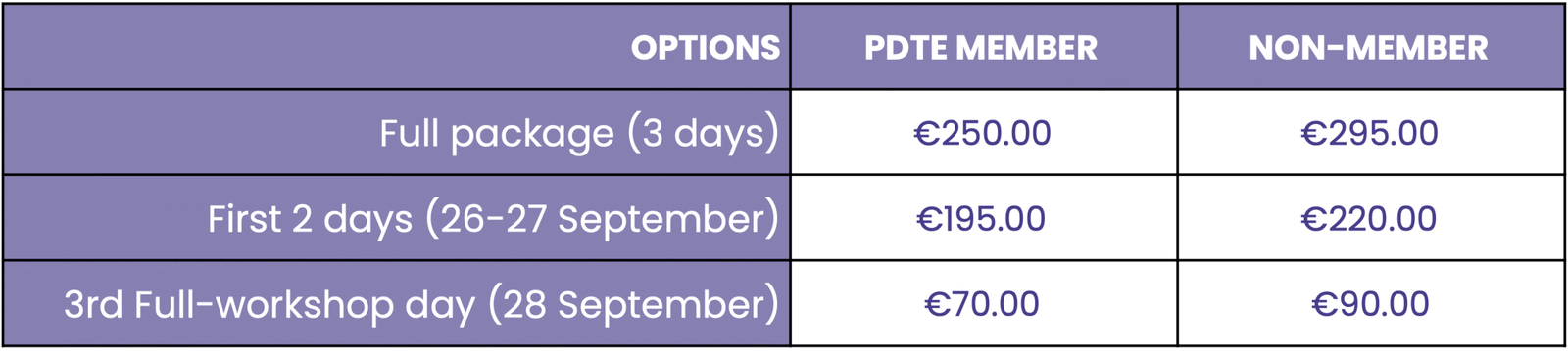 Price table PDTE conference 2026